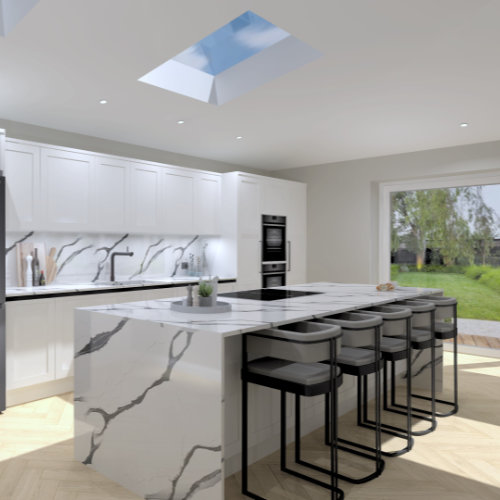 A 3d rendering of a bespoke kitchen design